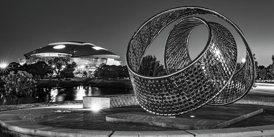 Dallas Texas Football Stadium Panorama And Unity Arch At Dusk - Black And White Photograph by Gregory Ballos