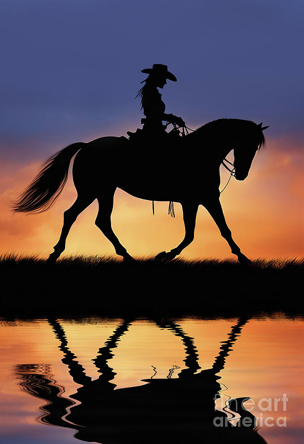 Cowgirl and Horse Silhouetted by Southwestern Sunset Mixed Media by Stephanie Laird