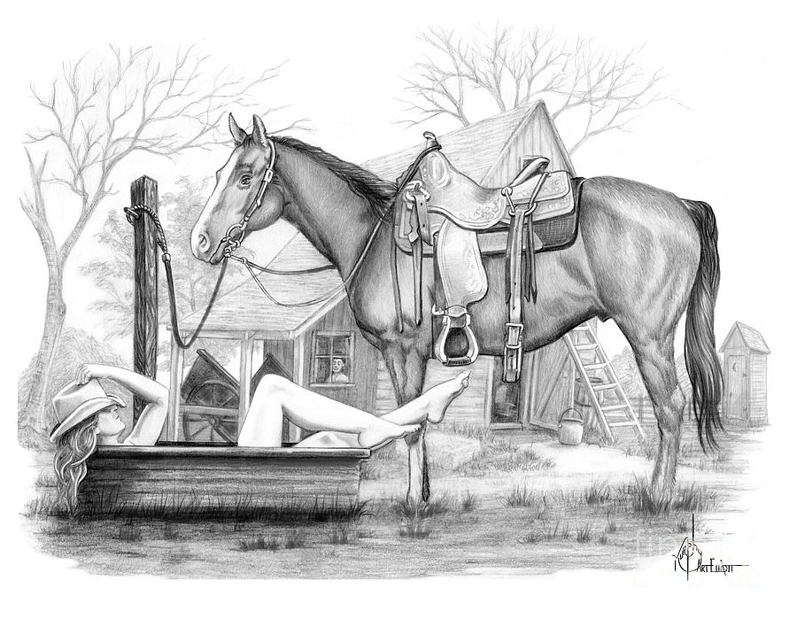 Cowgirl Bathing drawing Drawing by Murphy Art Elliott