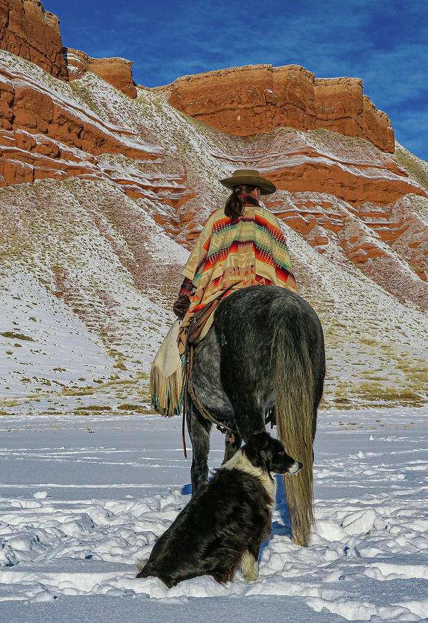 Cowgirl, Horse, And Dog Against Red Rocks Photograph