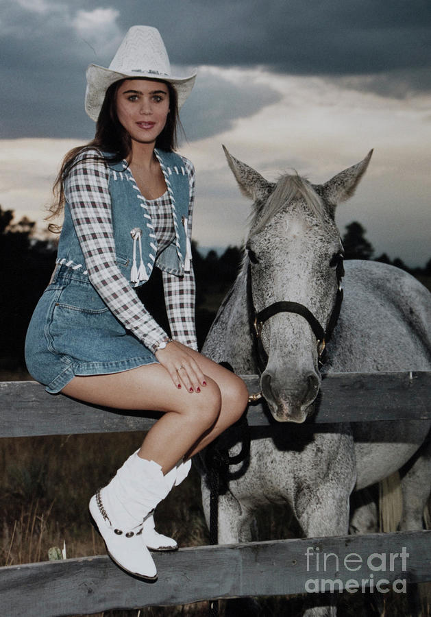Cowgirl On Fence With Horse Photograph