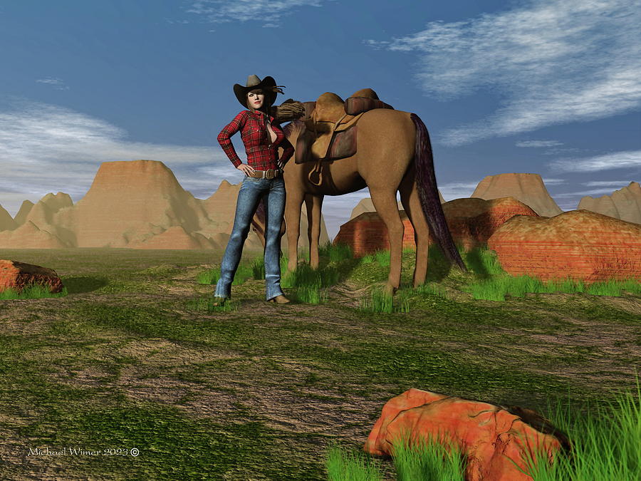 Cowgirl Resting Her Horse Digital Art by Michael Wimer