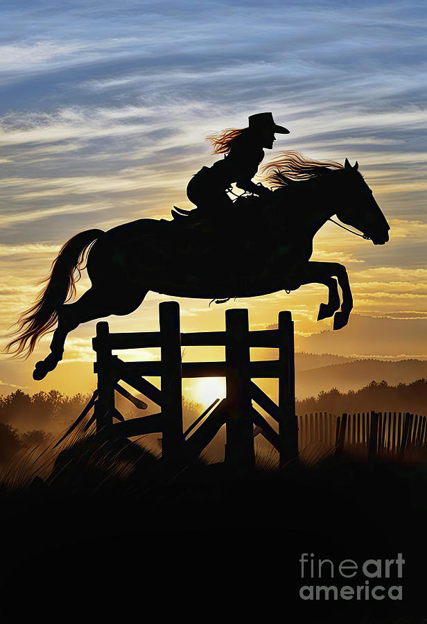 Cowgirl Riding a Jumping Horse over Hurdle Sunset Action Mixed Media by Stephanie Laird