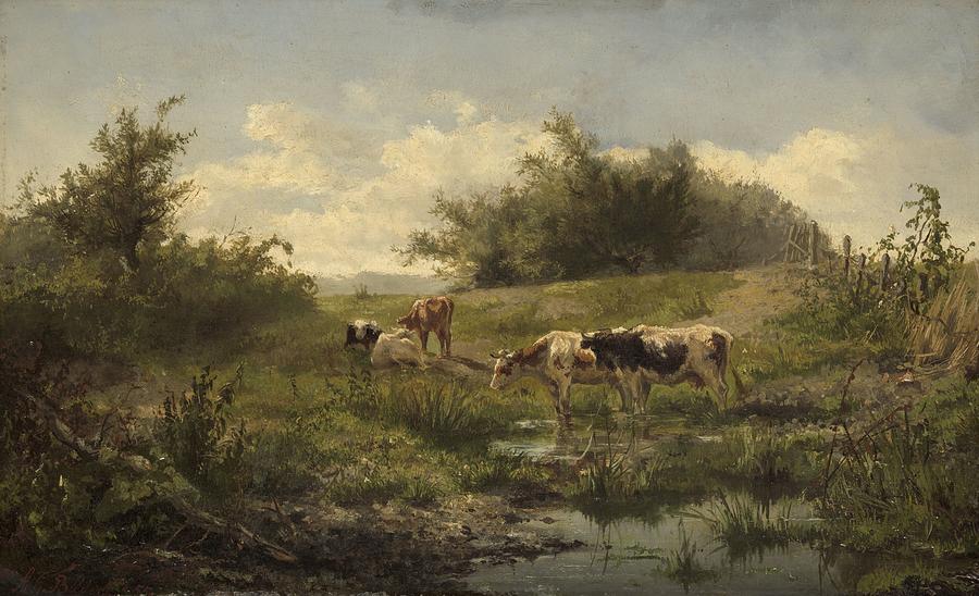 Cows At A Pond, Gerard Bilders, 1856 Painting
