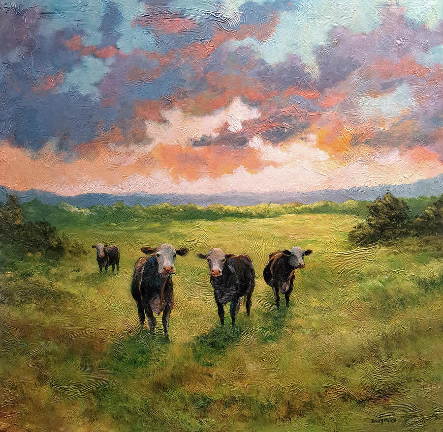 Cows at sunsete  Painting by David Maynard