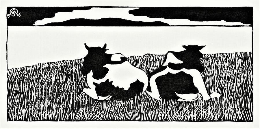 Cows - Black and White Painting by Samuel Jessurun de Mesquita