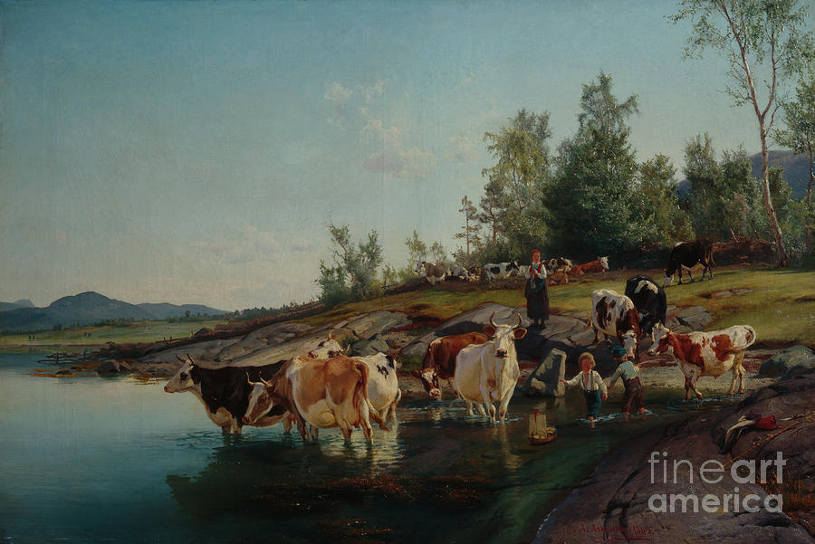Cows by the sea Painting by O Vaering by Anders Askevold