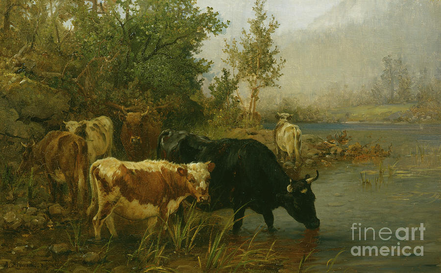 Cows by the water, 1880 Painting by O Vaering by Anders Askevold