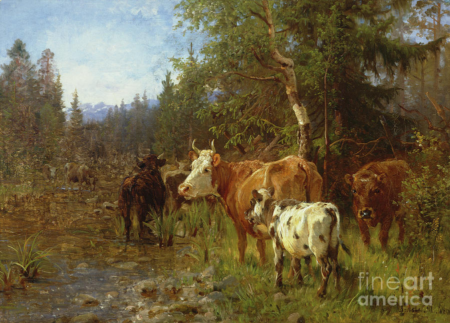 Cows by the water post Painting by O Vaering by Anders Askevold