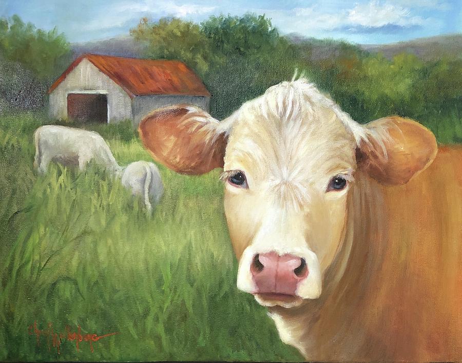 Cows Gazing and Grazing in Arkansas Paddock by Cheri Wollenberg Painting by Cheri Wollenberg