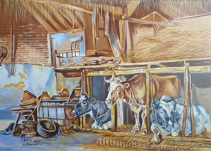 Cows in a Stable Painting by Loraine Yaffe