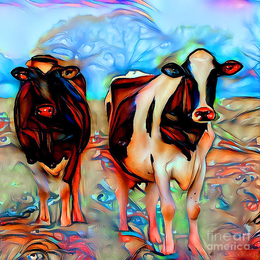 Cows in the Pasture in Vibrant Surreal Abstract ddg006 20200421 square2 Photograph by Wingsdomain Art and Photography