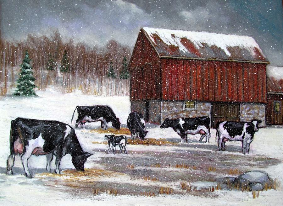 Christmas Pastel - Cows on Snowy Day No. 3 by Joyce Geleynse