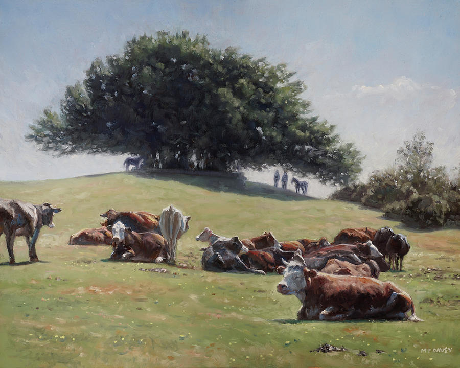 Cow Painting - Cows resting at Boltons Bench Lyndhurst New Forest by Martin Davey