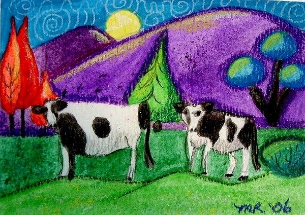 Cows Under The Moon Painting by Monica Resinger