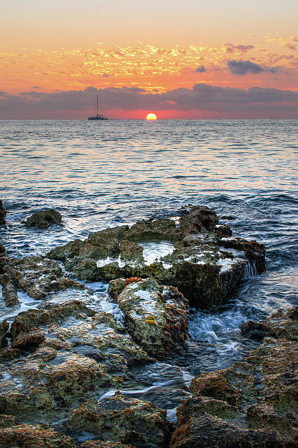 Cozumel Sunset Vertical with Boat Photograph by Aaron Spong