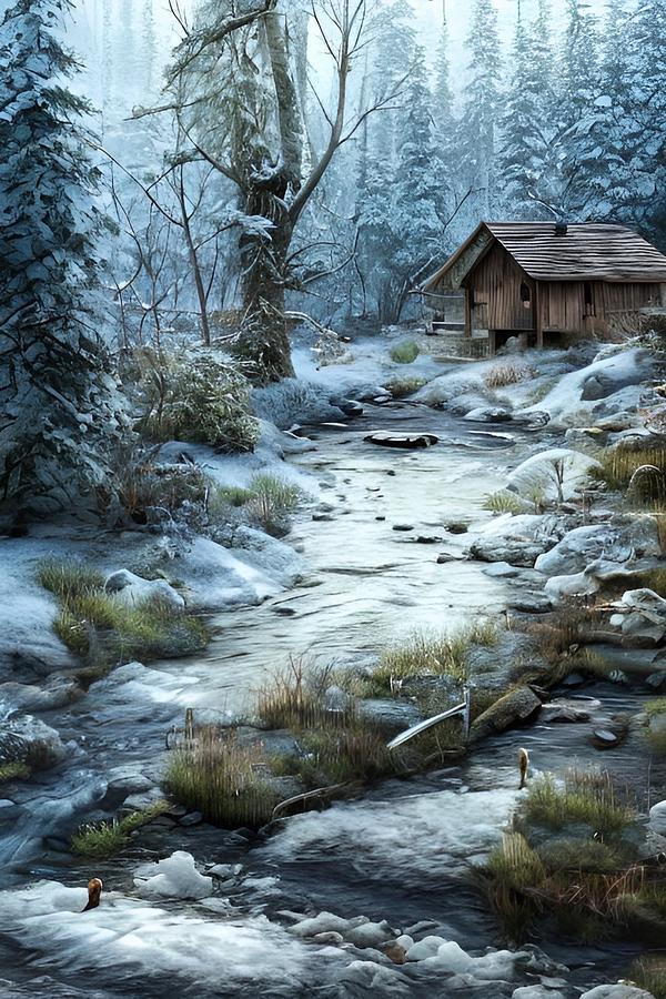 Cozy Cabin by a Stream Painting by Bonnie Bruno