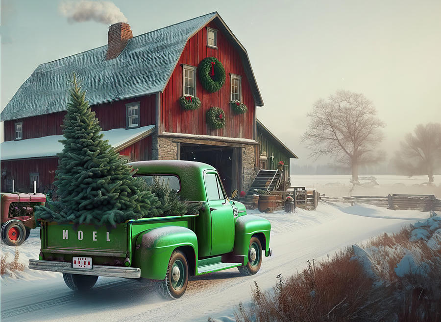 Cozy Christmas with a RusticGreen Truck and a Red Tractor Charm AI Photograph by Jeff Folger