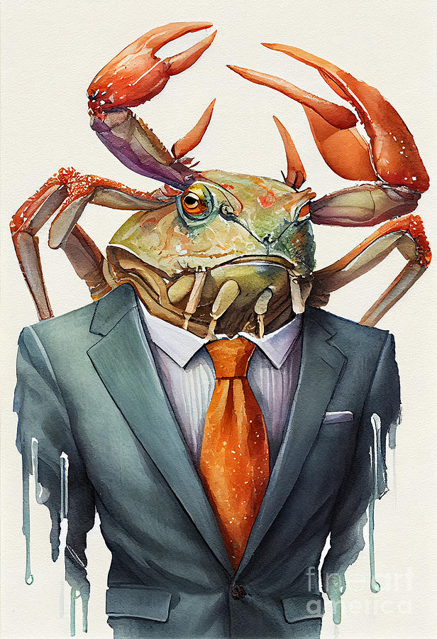 Crab Painting - Crab in Suit Watercolor Hipster Animal Retro Costume by Jeff Creation