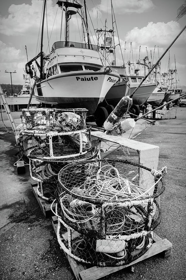 Crab Pots On The Docks Black and White Photograph by Debra and Dave Vanderlaan