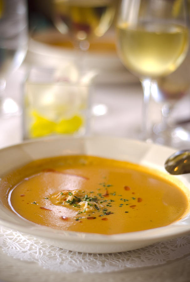 Crab Seafood Atop Pepper & Tomato Bisque & Restaurant Vegetable Soup & Wine Photograph by Funwithfood
