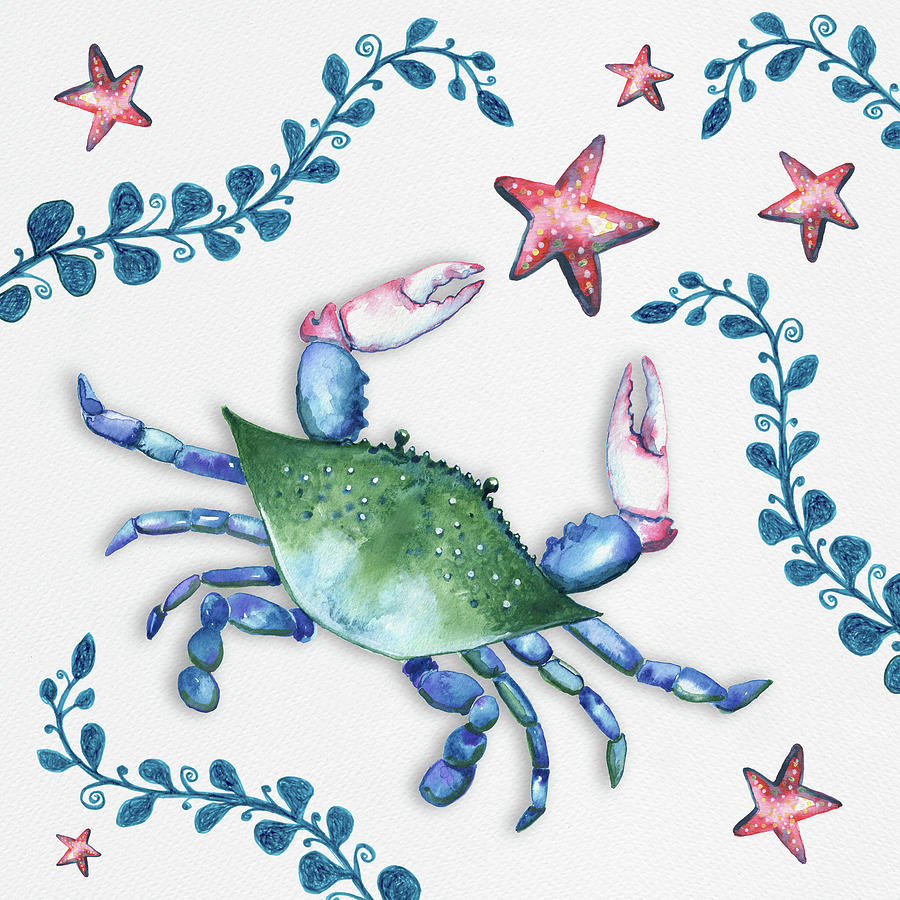 Crab with Starfish and Plantlife Painting by Michele Fritz
