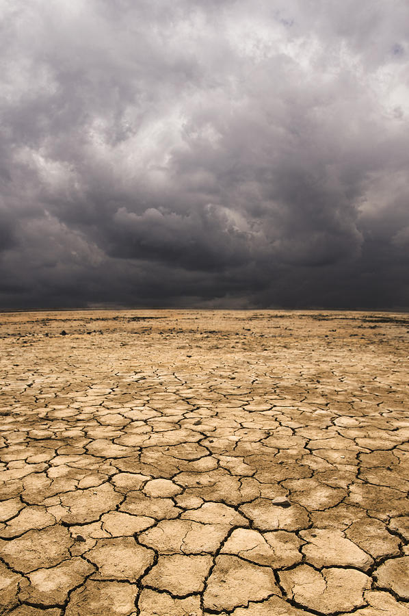 Cracked earth under cloudy sky in desert landscape Photograph by PBNJ Productions