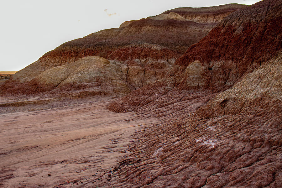 Cracked mud and layered mineral deposits at sunset in the Bisti ...