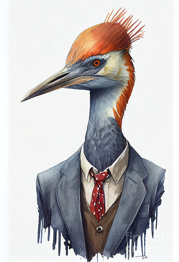 Crane Painting - Crane in Suit Watercolor Hipster Animal Retro Costume by Jeff Creation