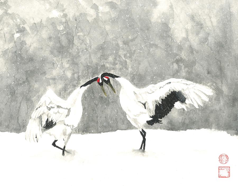 Crane Snow Dance II Painting by Terri Harris