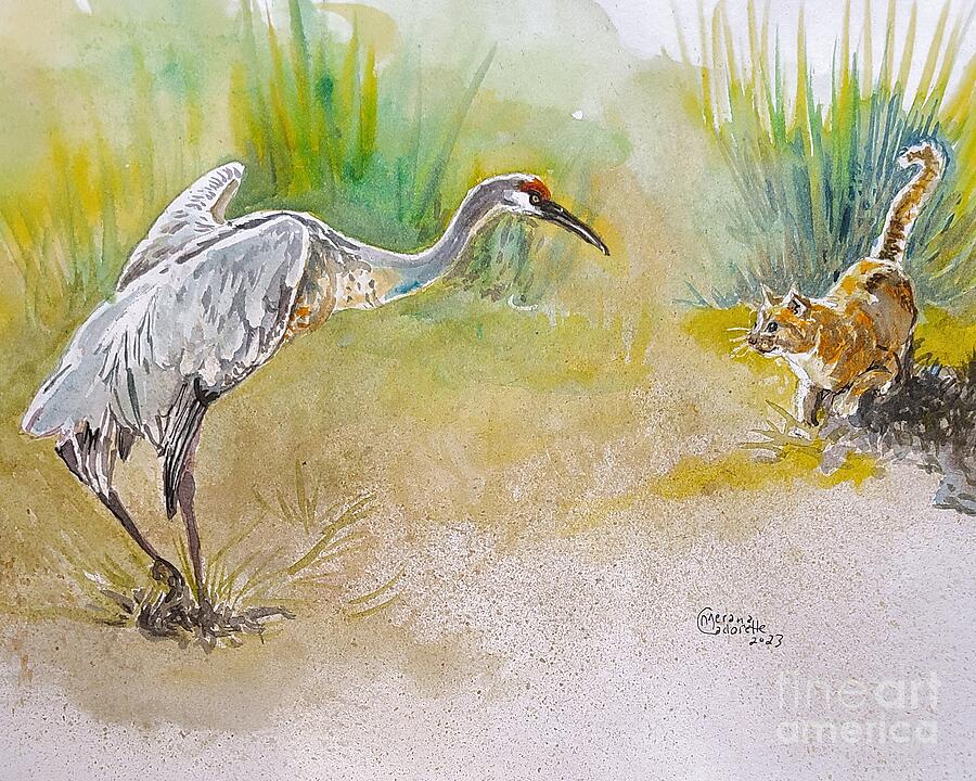 Crane vs Cat, Dawn Duel Painting by Merana Cadorette