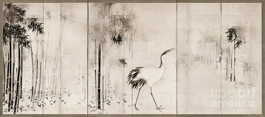 Cranes in Bamboo Grove by Hasegawa Tohaku Drawing by Hasegawa Tohaku