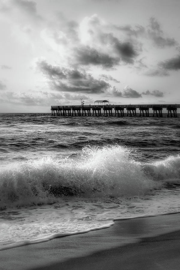 Crashing Waves by the Pier Black and White Photograph by Debra and Dave Vanderlaan