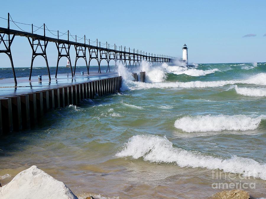 Crashing Waves Manistee Lighthouse Photograph by Lisa Lindgren - Fine ...