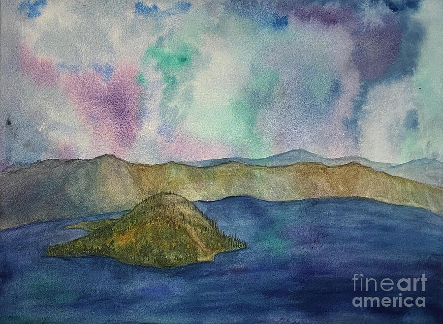 Crater Lake Aurora Painting by Lisa Neuman Crater Lake Aurora Painting by Lisa Neuman