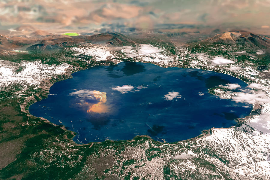 Crater Lake in the Cascade Mountains of Oregon. Satellite view. Collage, elements of this image furnished by NASA. Photograph by Elen11