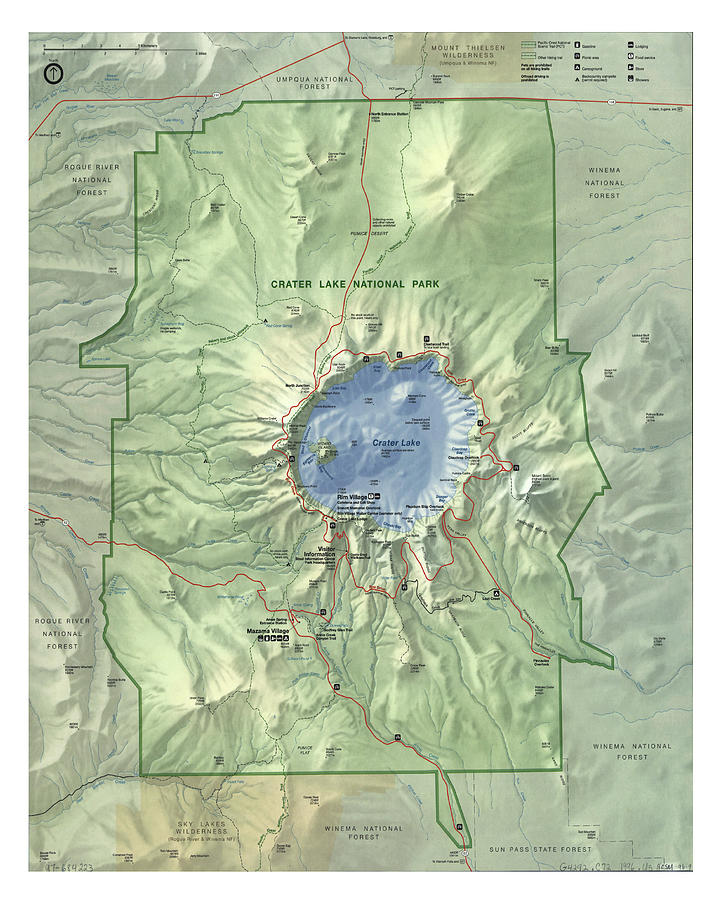 Crater Lake National Park Map 1996 Oregon Natural Recreational Area Atlas Drawing by Adam Shaw