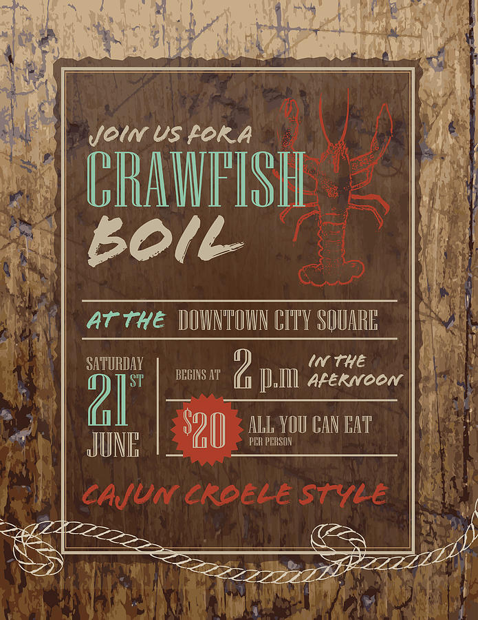 Crawfish Boil invitation design template on rustic wooden background Drawing by JDawnInk
