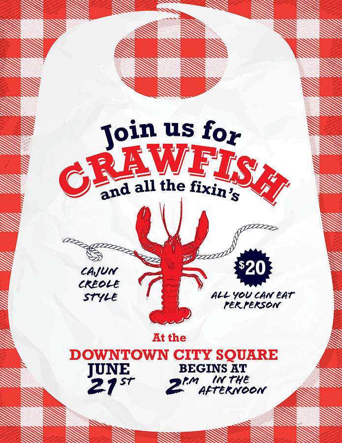 Crawfish Boil invitation design template red and white tablecloth background Drawing by JDawnInk