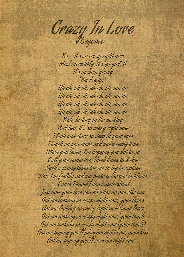 Crazy In Love By Beyonce Vintage Song Lyrics On Parchment Design Turnpike 