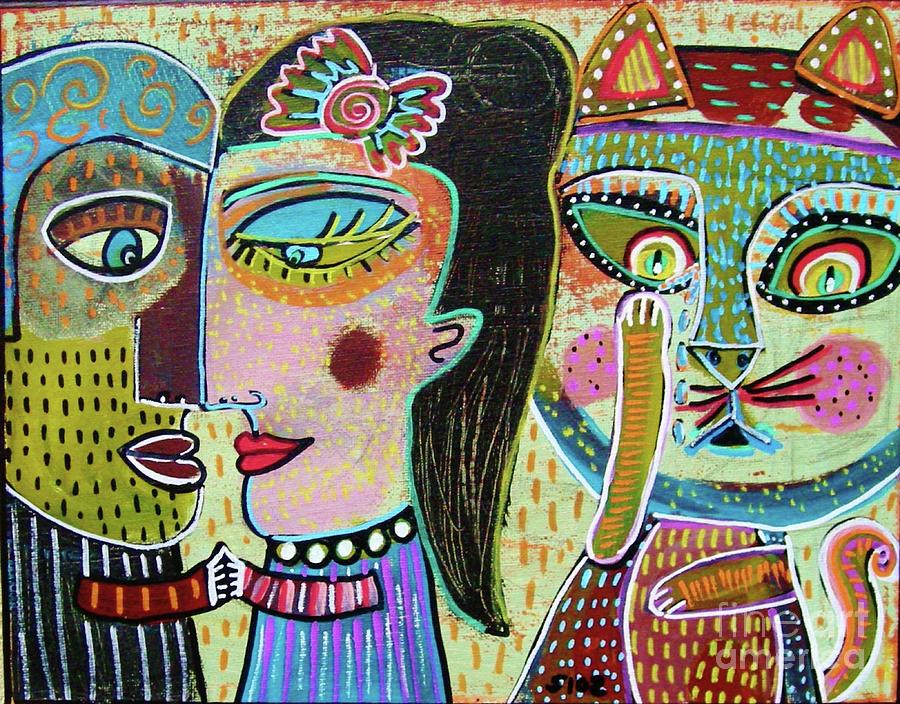 Crazy Jealous Cat Watch Lovers Dance  Painting by Sandra Silberzweig