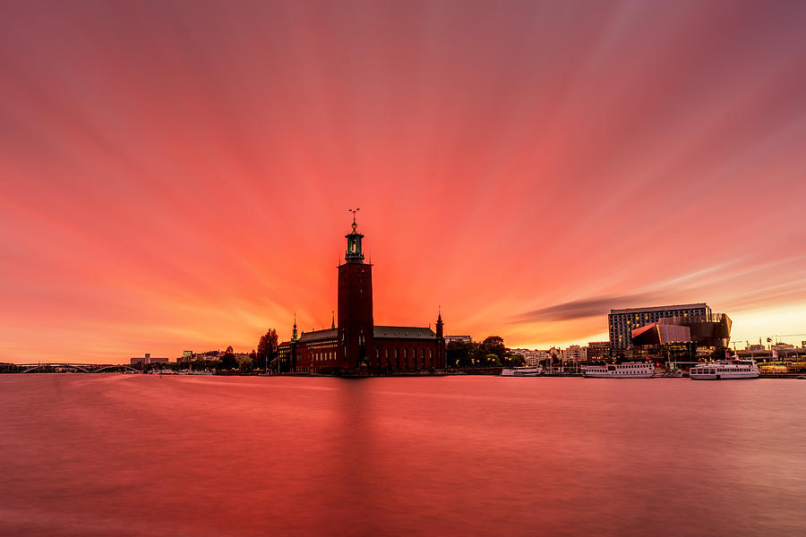 Fiery Photograph - Crazy Red and Purple long exposure sunset over the Stockholm City Hall by Dejan Kostic Fiery Photograph - Crazy Red and Purple long exposure sunset over the Stockholm City Hall by Dejan Kostic