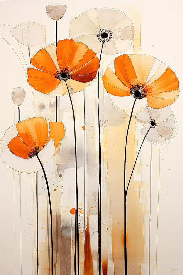 Cream and Burnt Orange Flowers Painting by Lourry Legarde