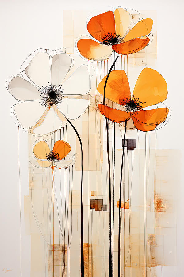 Burnt Orange Flowers Painting - Cream and Orange Wall Art - Minimalist Flowers by Lourry Legarde