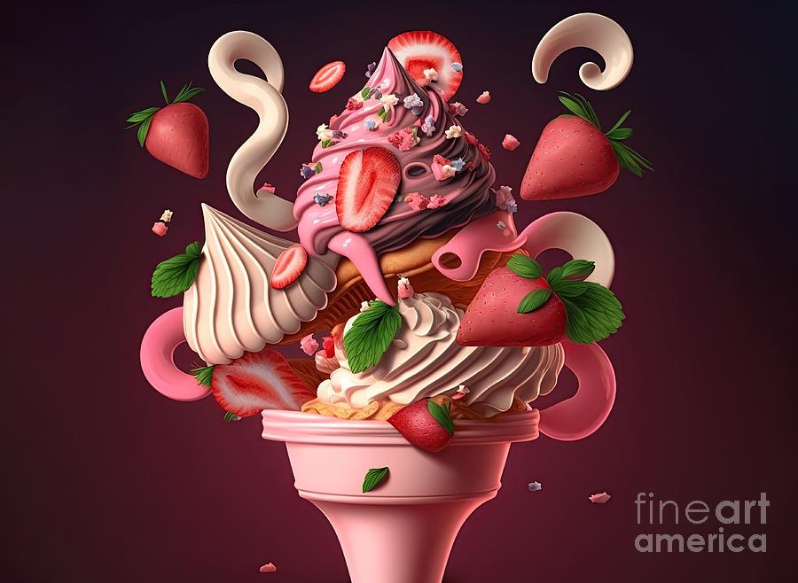Cream and strawberry ice cream cone Digital Art by Benny Marty