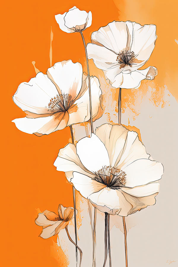 Burnt Orange Painting - Cream Flowers Against Orange and Beige Background by Lourry Legarde
