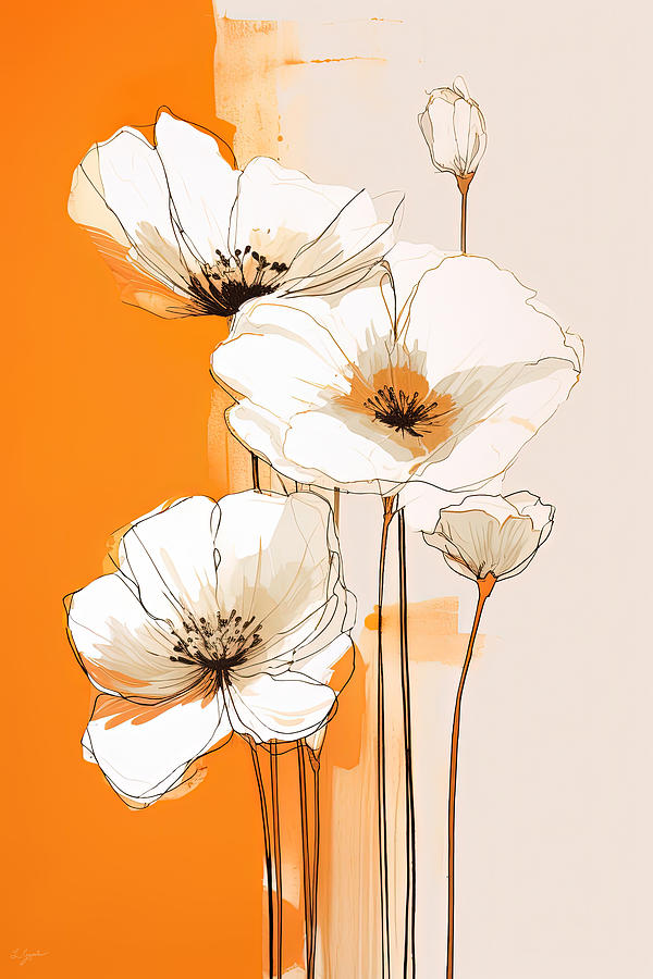 Cream Flowers on Orange Painting by Lourry Legarde