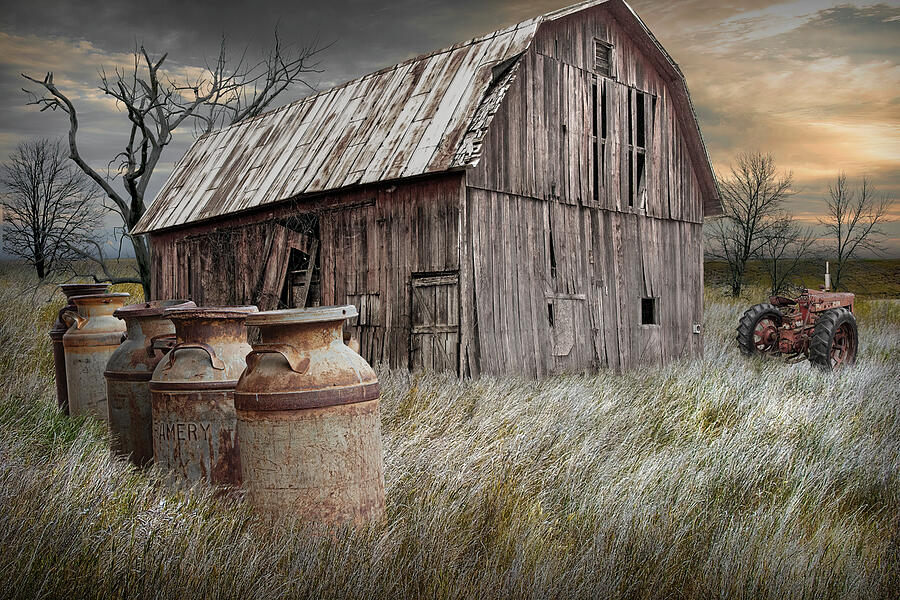 Creamery milk cans by a weathered old barn and vintage tractor Photograph by Randall Nyhof Creamery milk cans by a weathered old barn and vintage tractor Photograph by Randall Nyhof