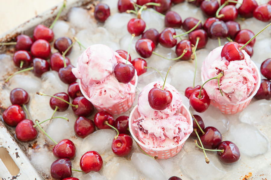 Creamy ice cream with cherries Photograph by Picalotta