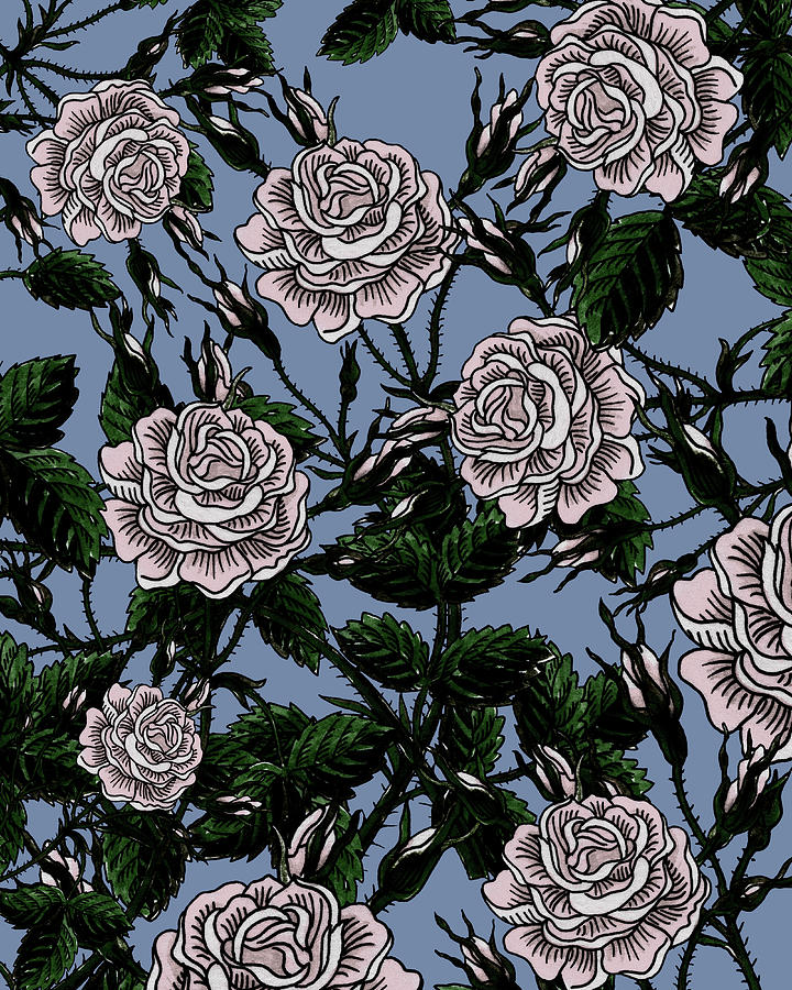 Rose Painting - Creamy Rose Black And White Ink Silhouettes Of Flowers On Soft Dusty Vintage Blue by Irina Sztukowski